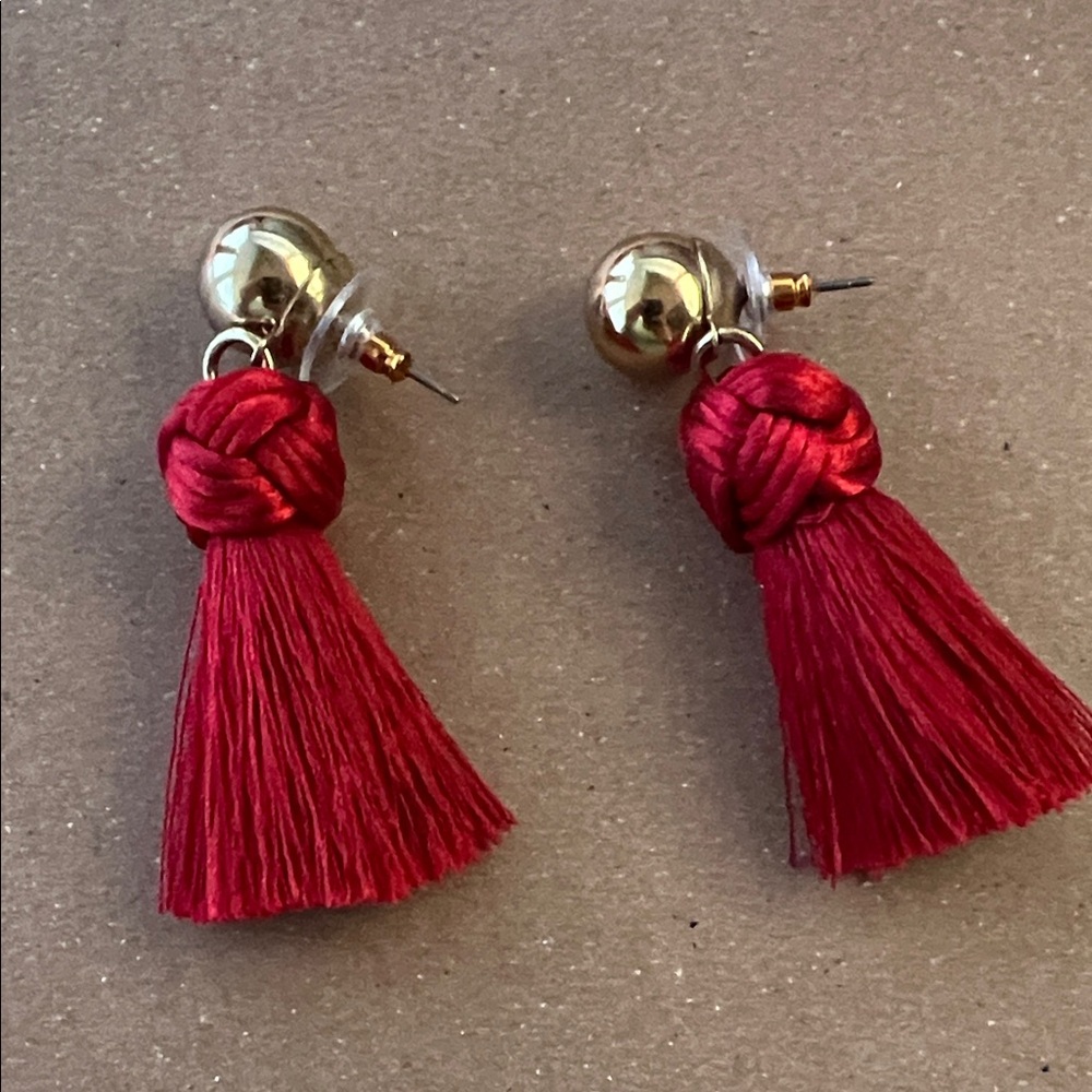 J. Crew Red Tassel Earrings with Gold Accents